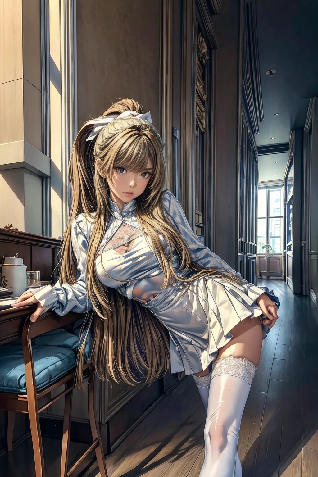 (masterpiece, Highest quality), Intricate details, 8k, Art Station, wallpaper, Official Art,  Sharp focus, One girl,Toned body、 Long Hair,ponytail,  Brown Hair, , office lady,White patent leather shirt、Black enamel tight skirt、slit、tights、 printing, Cold Eyes , Muddy eyes、skyscraper, city, building, car, street,