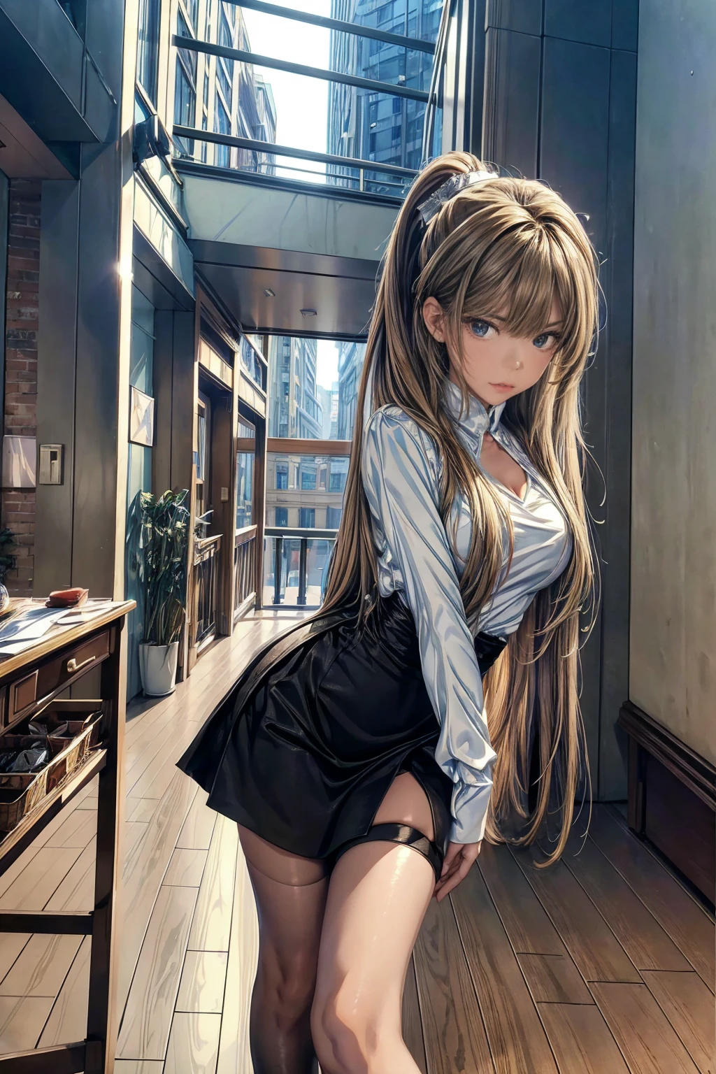 (masterpiece, Highest quality), Intricate details, 8k, Art Station, wallpaper, Official Art,  Sharp focus, One girl,Toned body、 Long Hair,ponytail,  Brown Hair, , office lady,White patent leather shirt、Black enamel tight skirt、slit、tights、 printing, Cold Eyes , Muddy eyes、skyscraper, city, building, car, street,