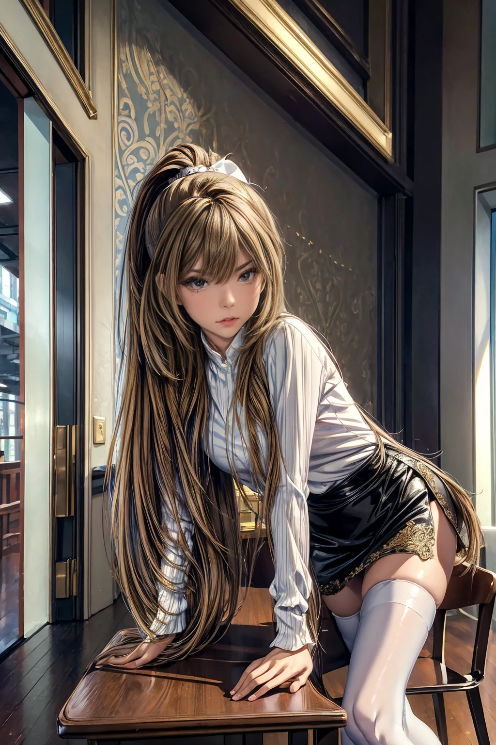 (masterpiece, Highest quality), Intricate details, 8k, Art Station, wallpaper, Official Art,  Sharp focus, One girl,Toned body、 Long Hair,ponytail,  Brown Hair, , office lady,White patent leather shirt、Black enamel tight skirt、slit、tights、 printing, Cold Eyes , Muddy eyes、skyscraper, city, building, car, street,