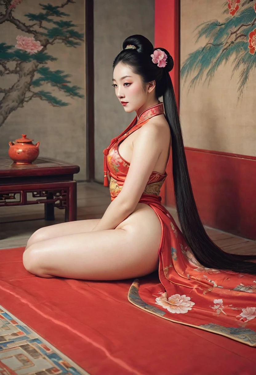 Uma imperatriz chinesa vista de lado, deitada de lado em uma pose relaxada com as nádegas expostas e as pernas esticadas. O fundo é uma sala de um palácio chinês durante a dinastia Qing. Ela está dormindo em Hanfu vermelho com apenas as nádegas grandes para fora. Ela está usando calcinha ou não, e suas nádegas salientes estão flutuando.　　　　　　　　　　　　　　　　　　　　　　　　　　　　　　 Seu cabelo é decorado com um grande, flor chamativa.　 A parte de trás do cabelo está amarrada e para cima.　Mulher Erótica