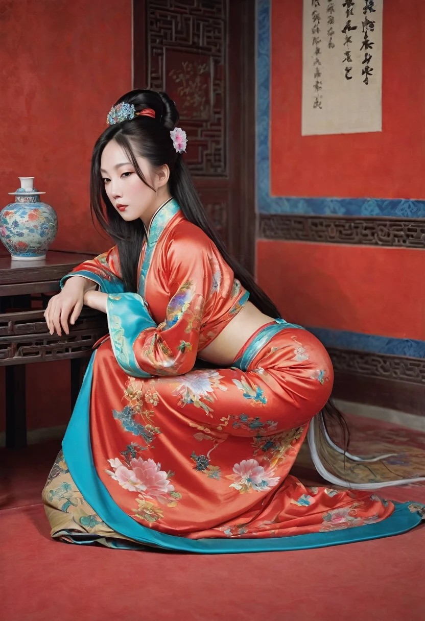 Uma imperatriz chinesa vista de lado, deitada de lado em uma pose relaxada com as nádegas expostas e as pernas esticadas. O fundo é uma sala de um palácio chinês durante a dinastia Qing. Ela está dormindo em Hanfu vermelho com apenas as nádegas grandes para fora. Ela está usando calcinha ou não, e suas nádegas salientes estão flutuando.　　　　　　　　　　　　　　　　　　　　　　　　　　　　　　 Seu cabelo é decorado com um grande, flor chamativa.　 A parte de trás do cabelo está amarrada e para cima.　Mulher Erótica