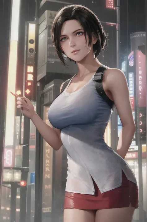 1girl, cowboy shot of jill valentine, white shirt, red skirt, athletic, city, night, neon, rain, volumetric lighting, best quali...