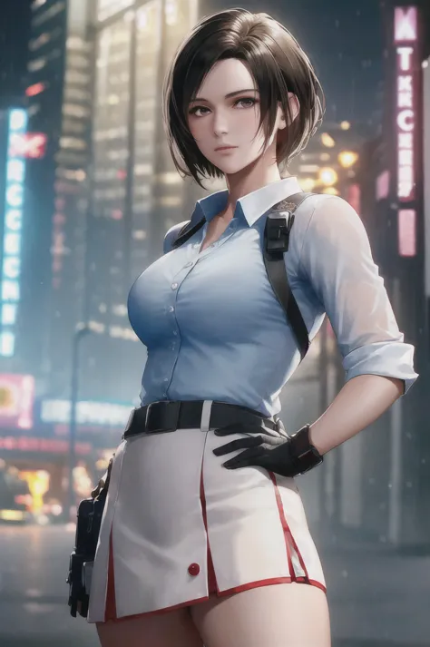 1girl, cowboy shot of jill valentine, white shirt, red skirt, athletic, city, night, neon, rain, volumetric lighting, best quali...