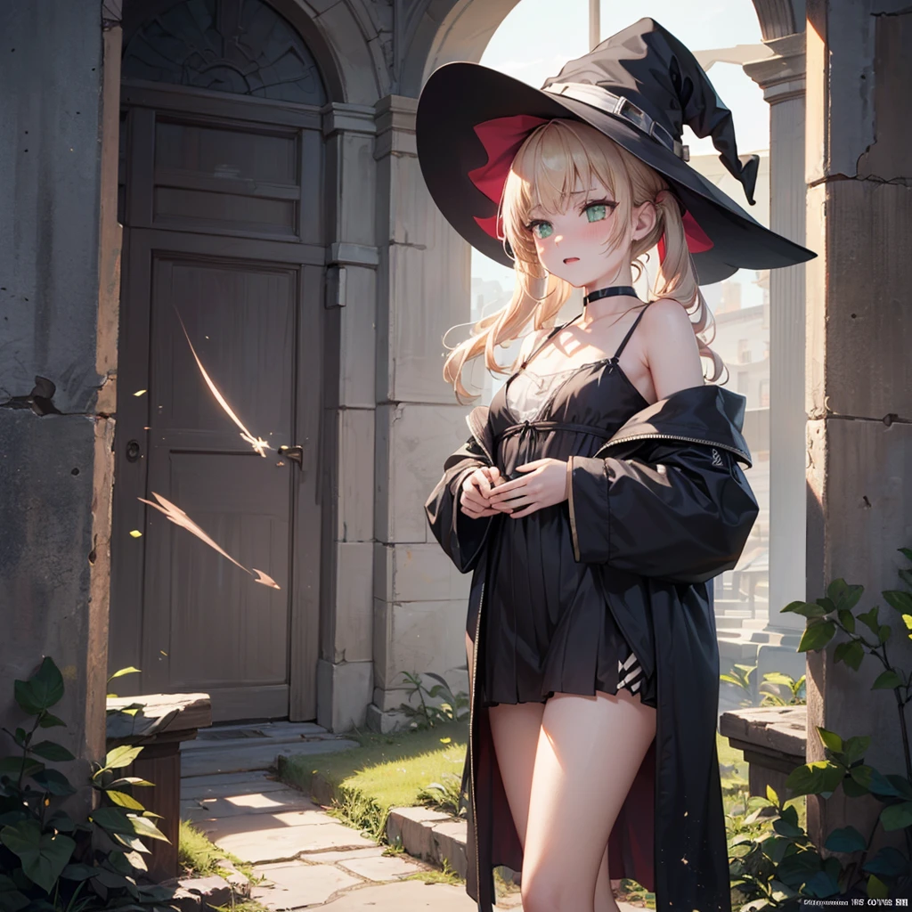 1 girl, trap, Blonde Hair, Green Eyes, flat chest, A short person, Black robe, ,(Witch Hat）， （18 years old），Long legs, thunder电，lightning，electrical arcs，Discharge of，magic，thunder，thunder环，thundermagic，（（Hold your hands on the ground））, Ancient battlefield background, Textured Skin, Ultra HD, Ultra HD, Ultra HD, Ultra HD, The award-winning, High Detail, Incredible high-key lighting and shadows, masterpiece, Incredible illustrations