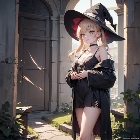 1 girl, trap, blonde hair, green eyes, flat chest, a short person, black robe, ,(witch hat）， （18 years old），long legs, thunder电，...