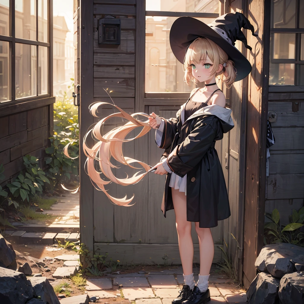 1 girl, trap, Blonde Hair, Green Eyes, flat chest, A short person, Black robe, ,(Witch Hat）， （18 years old），Long legs, thunder电，lightning，electrical arcs，Discharge of，magic，thunder，thunder环，thundermagic，（（Hold your hands on the ground））, Ancient battlefield background, Textured Skin, Ultra HD, Ultra HD, Ultra HD, Ultra HD, The award-winning, High Detail, Incredible high-key lighting and shadows, masterpiece, Incredible illustrations