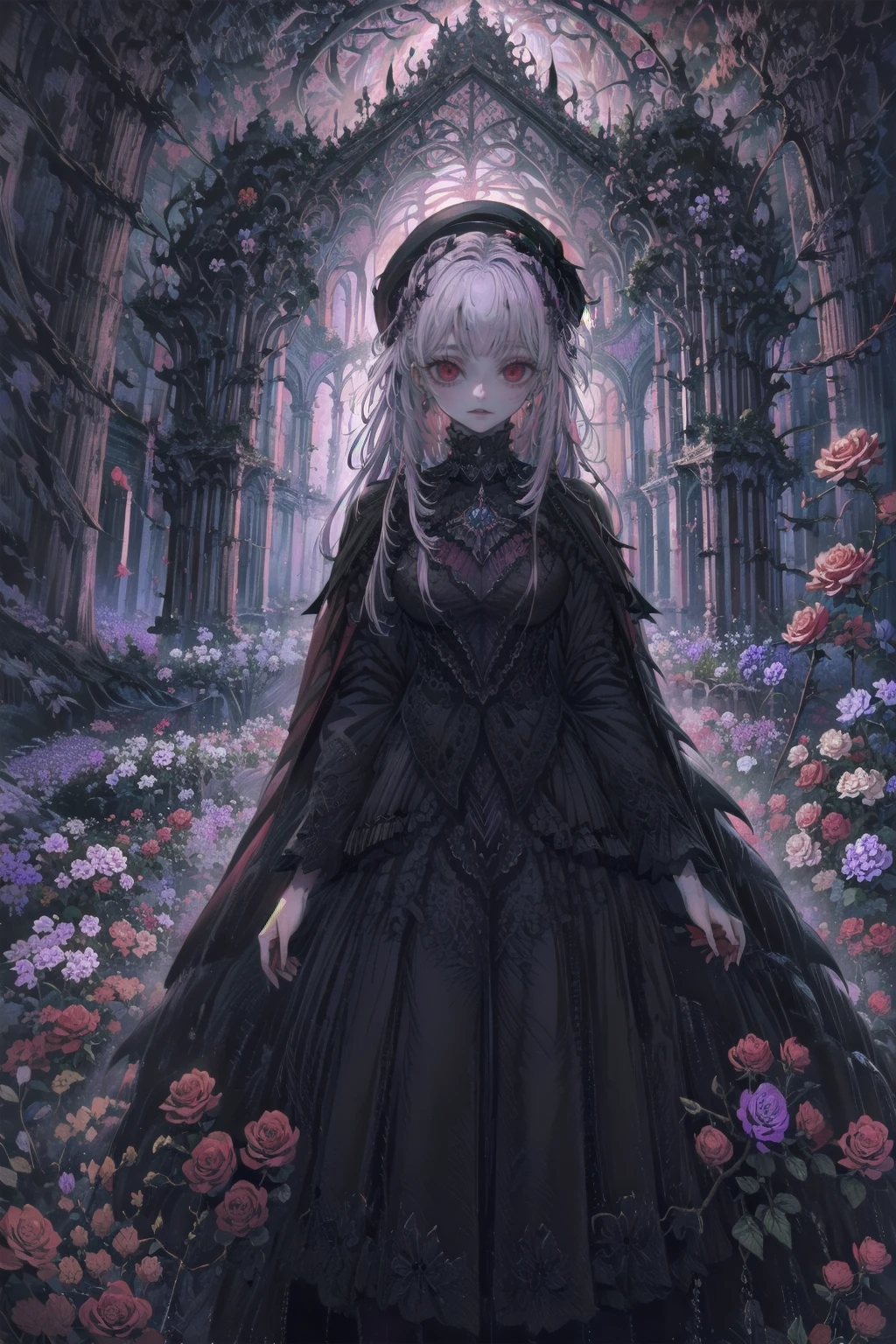 ネオゴススタイルのgirl, Wearing a black dress and a white collar, Wearing a black hat、wearing heavy makeup, Standing in a mystical garden surrounded by vines. The garden is full of deep purple flowers.、Gothic architecture in the background。. girl&#39;My hair is black、Her hair is in long braids.、A red rose is pinned to the side。. Her eyes are sharp、It&#39;Like being stabbed., Thick black eyeliner and long lashes. She has a pale complexion.、Her lips are bright red.. The atmosphere is gloomy and eerie, with dim lighting casting long shadows. This piece combines digital illustration and photography.., the result、The result is an incredibly high-resolution image. Most of the colors are dark、I&#39;Calm, Deep reds and purples create a dark beauty.. The overall style of the image is neo-Gothic., Horror, Portrait Photography, Create a unique and compelling visual experience.Dark Imagery
