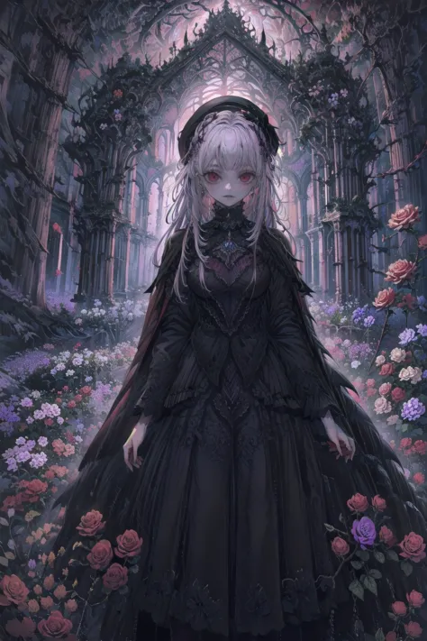 ネオゴススタイルのgirl, wearing a black dress and a white collar, wearing a black hat、wearing heavy makeup, standing in a mystical garden...