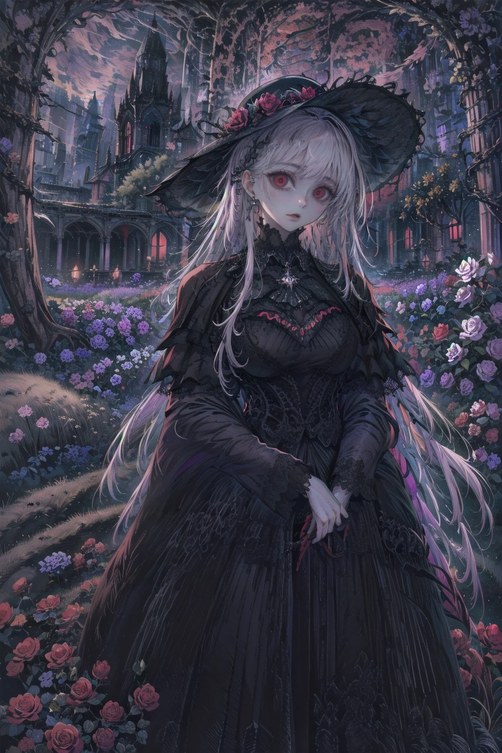 ネオゴススタイルのgirl, Wearing a black dress and a white collar, Wearing a black hat、wearing heavy makeup, Standing in a mystical garden surrounded by vines. The garden is full of deep purple flowers.、Gothic architecture in the background。. girl&#39;My hair is black、Her hair is in long braids.、A red rose is pinned to the side。. Her eyes are sharp、It&#39;Like being stabbed., Thick black eyeliner and long lashes. She has a pale complexion.、Her lips are bright red.. The atmosphere is gloomy and eerie, with dim lighting casting long shadows. This piece combines digital illustration and photography.., the result、The result is an incredibly high-resolution image. Most of the colors are dark、I&#39;Calm, Deep reds and purples create a dark beauty.. The overall style of the image is neo-Gothic., Horror, Portrait Photography, Create a unique and compelling visual experience.Dark Imagery
