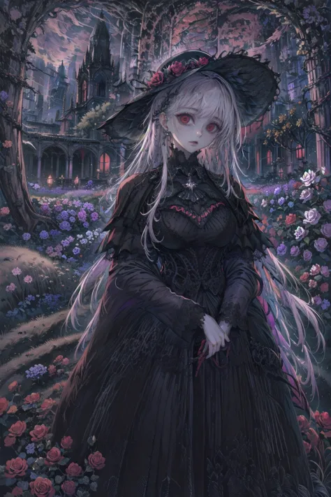 ネオゴススタイルのgirl, wearing a black dress and a white collar, wearing a black hat、wearing heavy makeup, standing in a mystical garden...