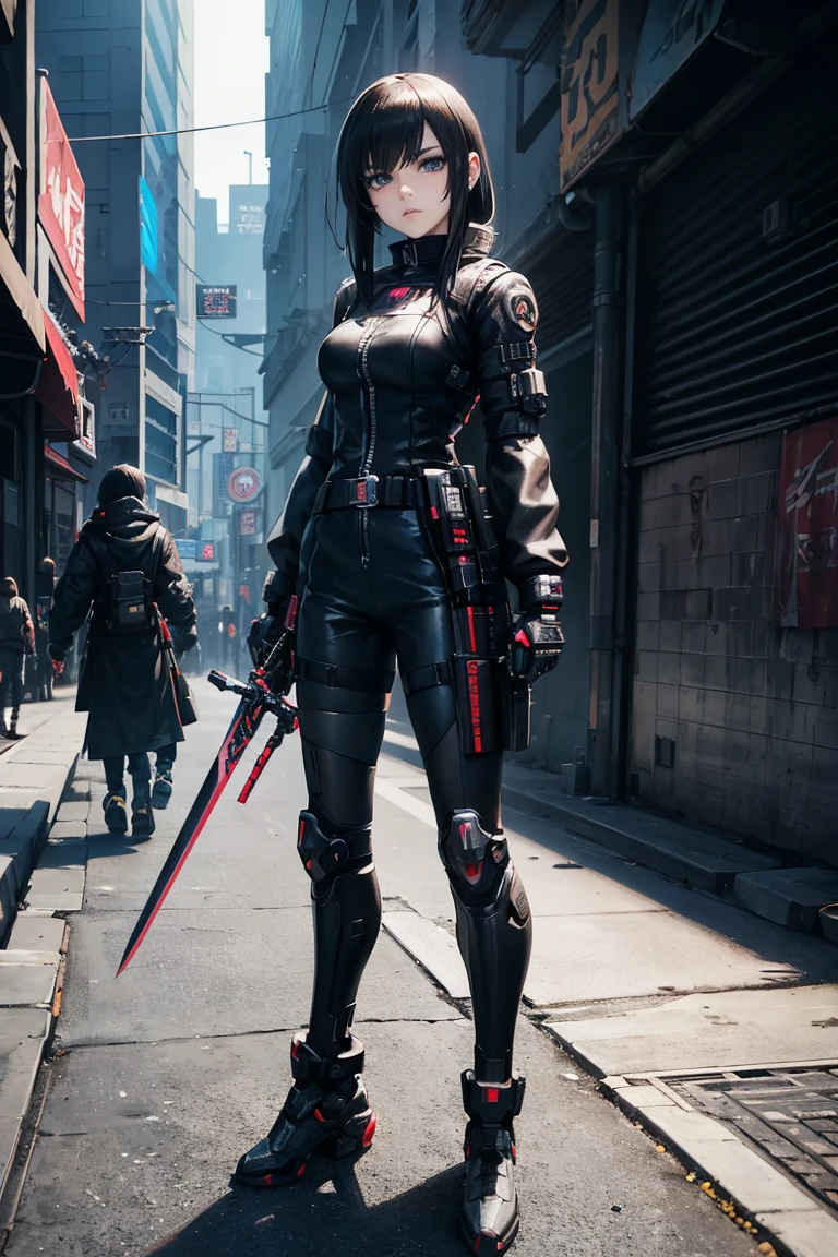 anime - style woman in black outfit holding a sword and wearing armor, female cyberpunk anime girl, wearing techwear and armor, sci fi female character, cyberpunk 2 0 y. o model girl, mechanized soldier girl, cyberpunk outfit, cyberpunk angry gorgeous goddess, cyberpunk anime girl, cyberpunk character, sci-fi female, sci - fi character, female cyberpunk