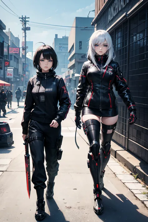 anime - style woman in black outfit holding a sword and wearing armor, female cyberpunk anime girl, wearing techwear and armor, ...