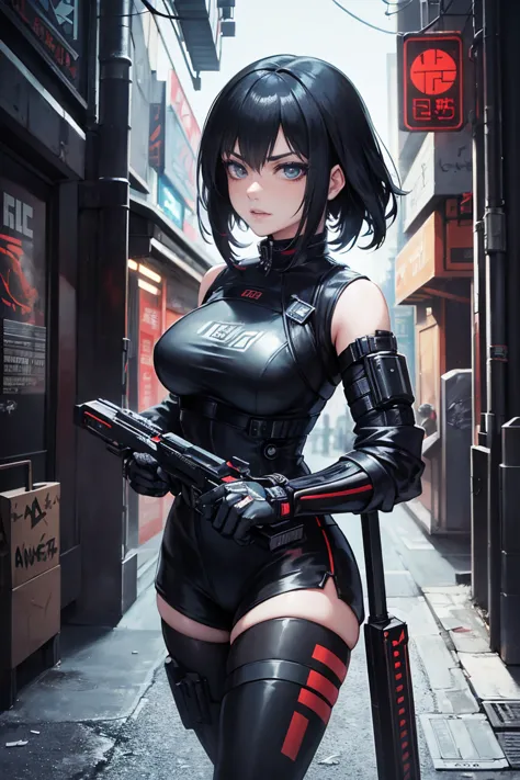 anime - style woman in black outfit holding a sword and wearing armor, female cyberpunk anime girl, wearing techwear and armor, ...