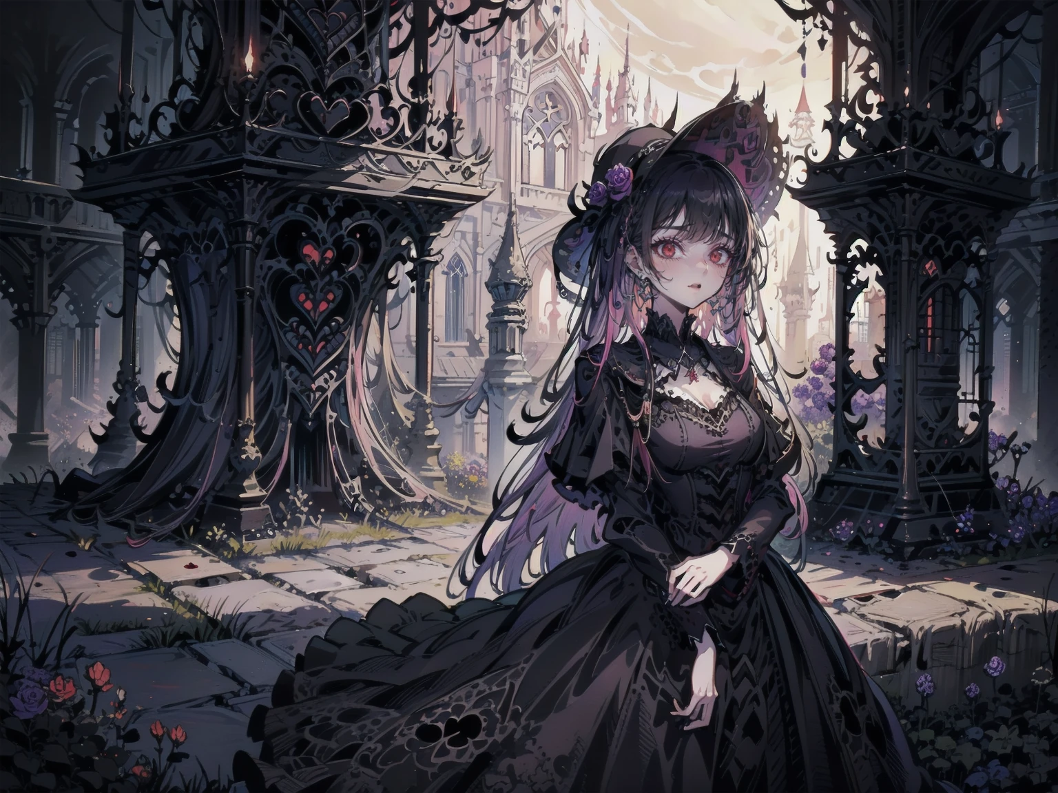 ネオゴススタイルのgirl, Wearing a black dress and a white collar, Wearing a black hat、wearing heavy makeup, Standing in a mystical garden surrounded by vines. The garden is full of deep purple flowers.、Gothic architecture in the background。. girl&#39;My hair is black、Her hair is in long braids.、A red rose is pinned to the side。. Her eyes are sharp、It&#39;Like being stabbed., Thick black eyeliner and long lashes. She has a pale complexion.、Her lips are bright red.. The atmosphere is gloomy and eerie, with dim lighting casting long shadows. This piece combines digital illustration and photography.., the result、The result is an incredibly high-resolution image. Most of the colors are dark、I&#39;Calm, Deep reds and purples create a dark beauty.. The overall style of the image is neo-Gothic., Horror, Portrait Photography, Create a unique and compelling visual experience.Dark Imagery
