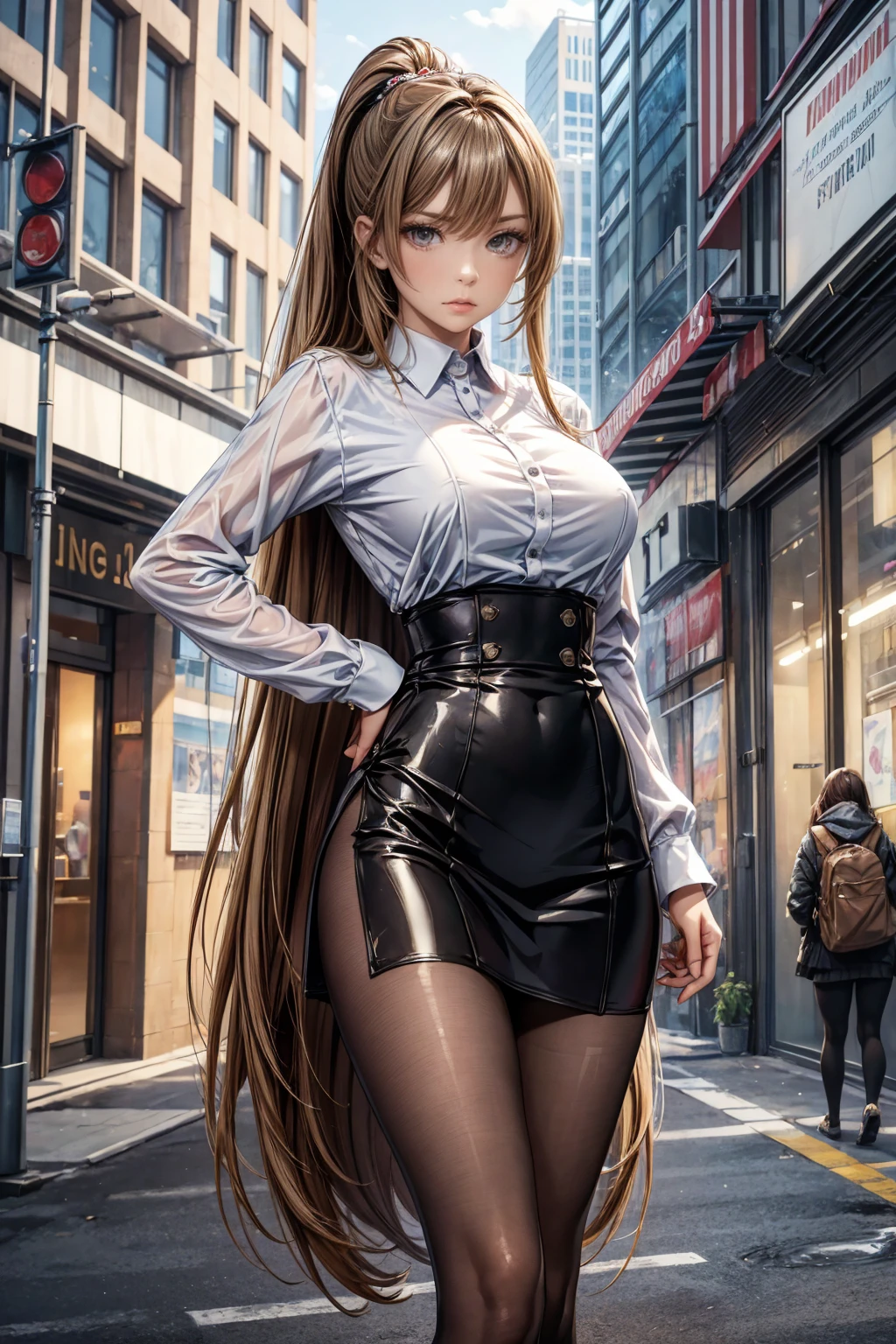 (masterpiece, Highest quality), Intricate details, 8k, Art Station, wallpaper, Official Art,  Sharp focus, One girl,Toned body、 Long Hair,ponytail,  Brown Hair, , office lady,White patent leather shirt、Black enamel tight skirt、slit、tights、 printing, Cold Eyes , Muddy eyes、skyscraper, city, building, car, street,