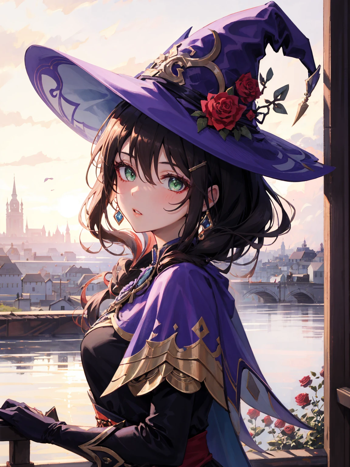 a beautiful girl, perfect face, arms at sides, masterpiece, ultra high res, high quality, 4k, upper body:1.5,  lisa (genshin impact), urple witch hat, green eyes, brown hair, (PureErosFace_V1:0.008), (european:1.6), bangs, dress, rose, jewelry, witch, capelet, purple headwear, black gloves, purple flower, hair between eyes, purple rose, parted lips, purple capelet, hat flower, multicolored dress, hair ornament, windmill, from side,