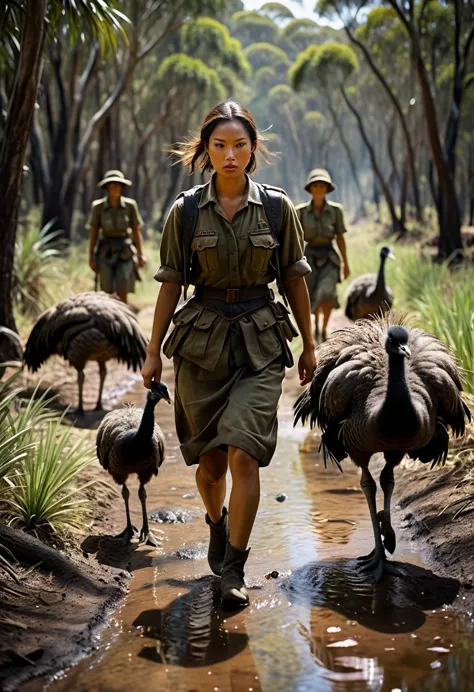 soldiers trudging through the australian wilderness and thai women, trying to keep up with the emus, background cinematic, hyper...