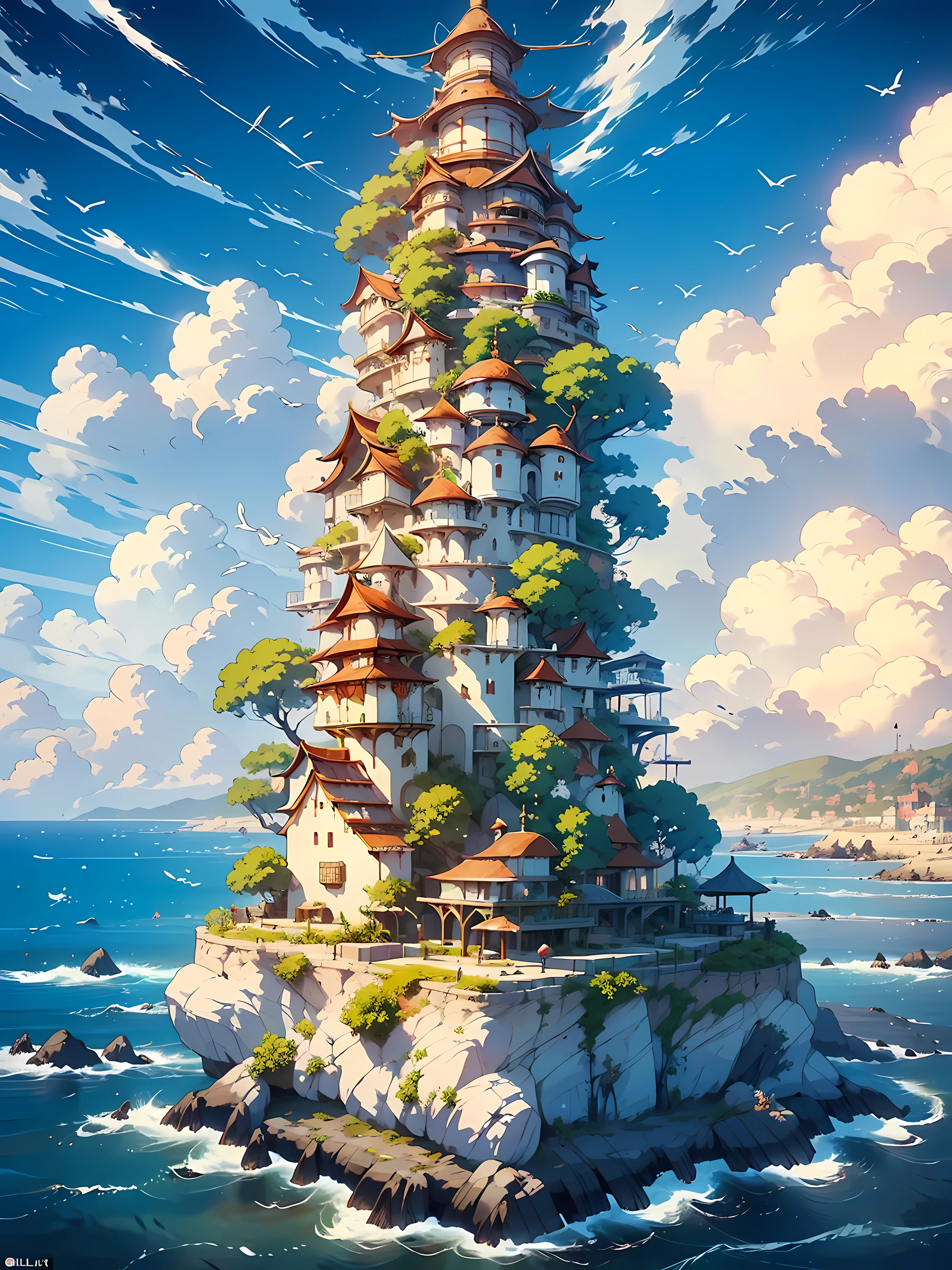 A fantasy-inspired painting of a coastal village in kawacy style, rendered in cinema4d, bulbous, precise nautical details, creative character design, whimsical cartoon style, 32k uhd,