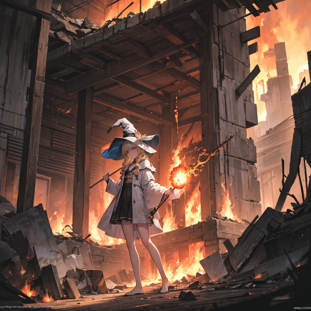 1 girl, trap, Blonde Hair, One-side long braid, blue eyes, flat chest, A short person, White robe, ,(Witch Hat）， （18 years old），Bare legs, Hot，Heatwave，flame，Fireball in hand，electrical arcs，Discharge of，Collapse，earthquake，The ground cracked，magic，Thunder holding the golden staff, Ancient battlefield background, Textured Skin, Ultra HD, Ultra HD, Ultra HD, Ultra HD, The award-winning, High Detail, Incredible high-key lighting and shadows, masterpiece, Incredible illustrations