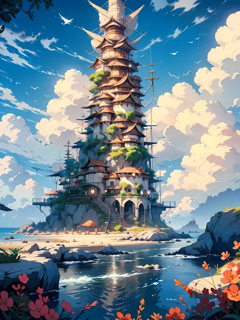 a fantasy-inspired painting of a coastal village in kawacy style, rendered in cinema4d, bulbous, precise nautical details, creat...