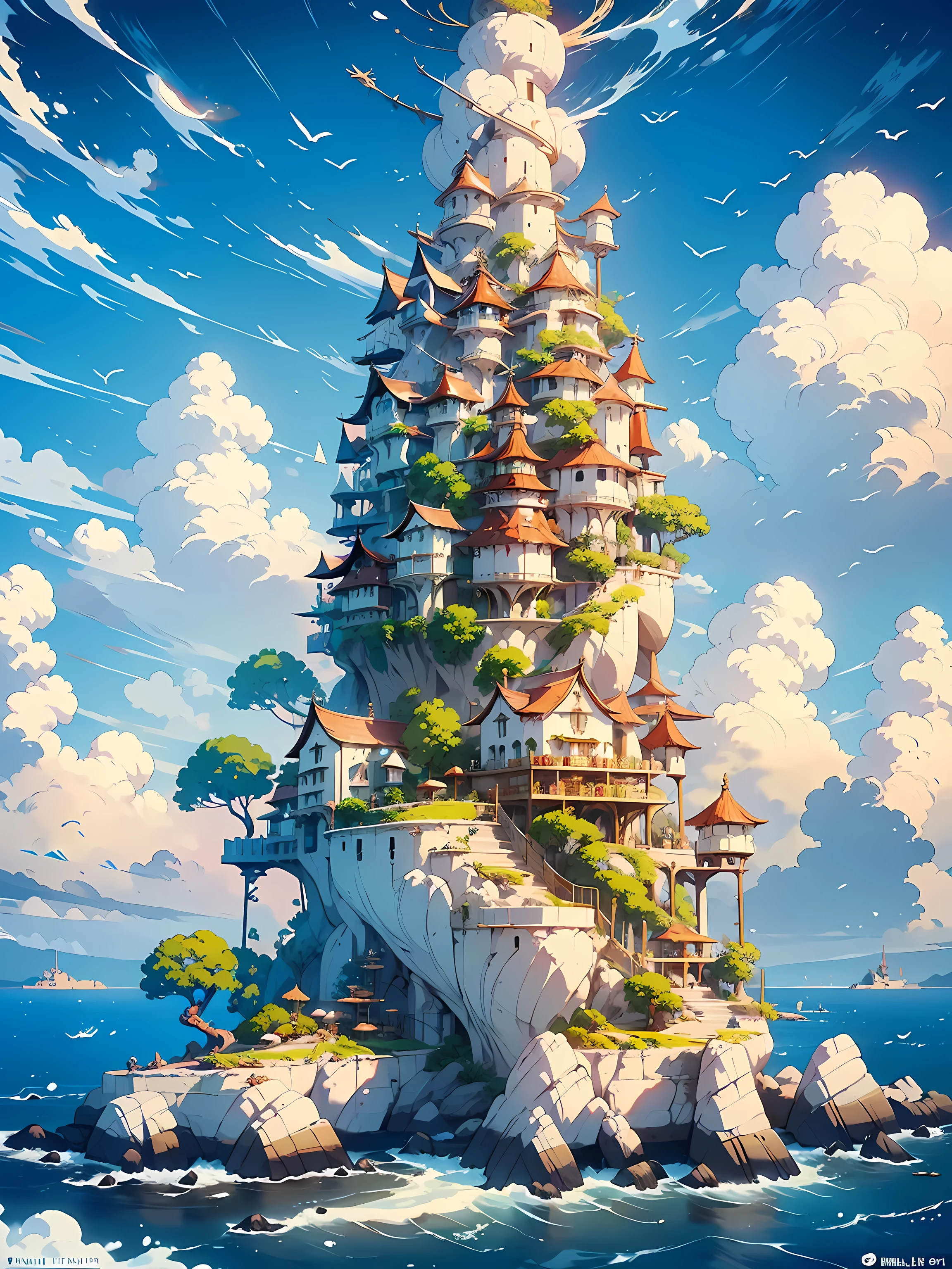 A fantasy-inspired painting of a coastal village in kawacy style, rendered in cinema4d, bulbous, precise nautical details, creative character design, whimsical cartoon style, 32k uhd,