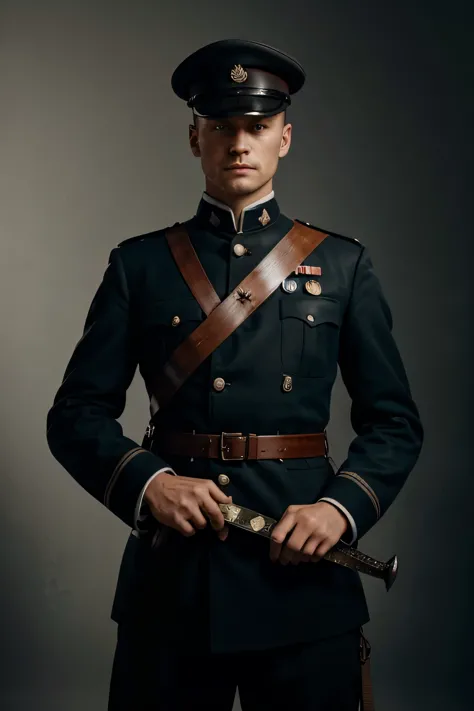 German person holding a sword in his hand, dressed in German military uniform from 1914