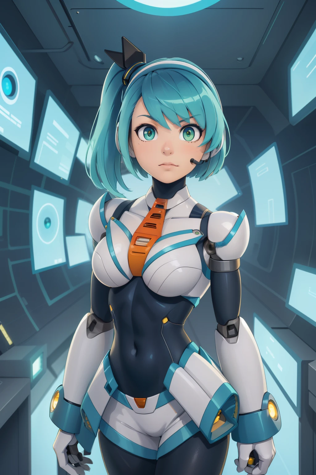 Ultra-detailed photo of a female cyborg, 1 girl, photorealestic, (natural skin structure, Realistic eye details:1.2) Subscribe to_Manx, alone, breasts, green eyes, Blue hair, android, shorth hair, side ponytail, Robot ears, artwork, good quality, Hypnotized, Spiral eyes, blank stare, in bedroom, Standing at attention