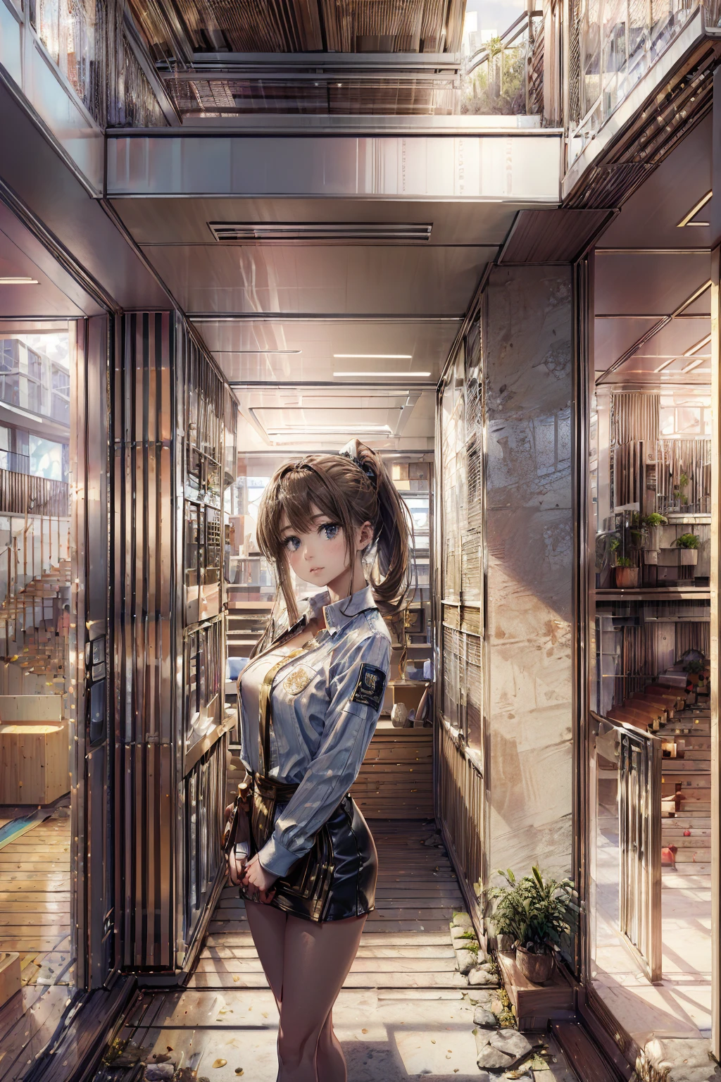 (masterpiece, Highest quality), Intricate details, 8k, Art Station, wallpaper, Official Art,  Sharp focus, One girl,Toned body、 Long Hair,ponytail,  Brown Hair, , office lady,White patent leather shirt、Black enamel tight skirt、tights、 printing, Cold Eyes , Muddy eyes、skyscraper, city, building, car, street,