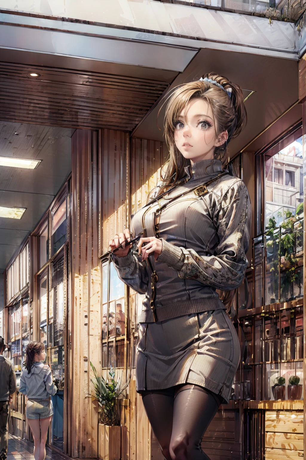 (masterpiece, Highest quality), Intricate details, 8k, Art Station, wallpaper, Official Art,  Sharp focus, One girl,Toned body、 Long Hair,ponytail,  Brown Hair, , office lady,White patent leather shirt、Black enamel tight skirt、tights、 printing, Cold Eyes , Muddy eyes、skyscraper, city, building, car, street,