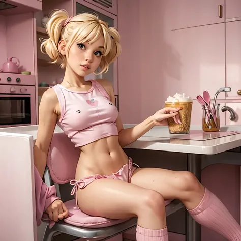 1 skinny girl, short blond hair with pigtails, pink crop top, cotton pajamas shorts, wool pink socks, sitting in a high chair in...