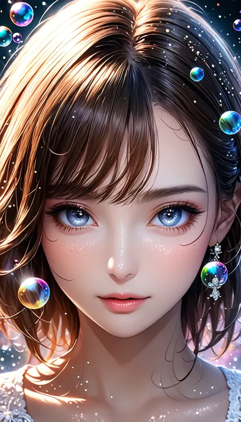 beautiful woman, portrait, shading effects, gradation magic effects, glitter effects, soap bubbles effects, foggy filter effect,...