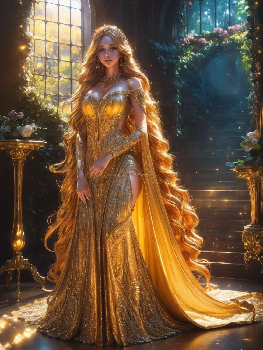 Una hermosa princesa, largo vestido dorado, pelo largo y dorado, Zapatos dorados, muy detallado, 8K, Fotorrealista, detalles intrincados, elegant, radiante, brillante, iluminación cálida, iluminación natural, iluminación de estudio, ambiente exuberante, antecedentes detallados, paisaje de fantasía, composición cinematográfica, iluminación dramática, rica paleta de colores, Colores vibrantes, hiperdetallado, obra maestra, Foto-real
