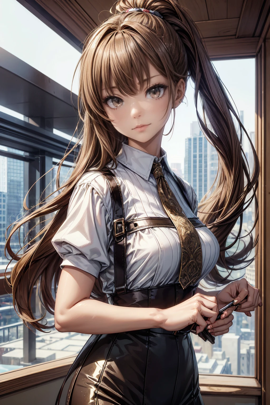 (masterpiece, Highest quality), Intricate details, 8k, Art Station, wallpaper, Official Art,  Sharp focus, One girl,Toned body、 Long Hair,ponytail,  Brown Hair, , office lady,White patent leather shirt、Black enamel tight skirt、tights、 printing, Hanging eyes、Cold Eyes , Muddy eyes、skyscraper, city, building, car, street,