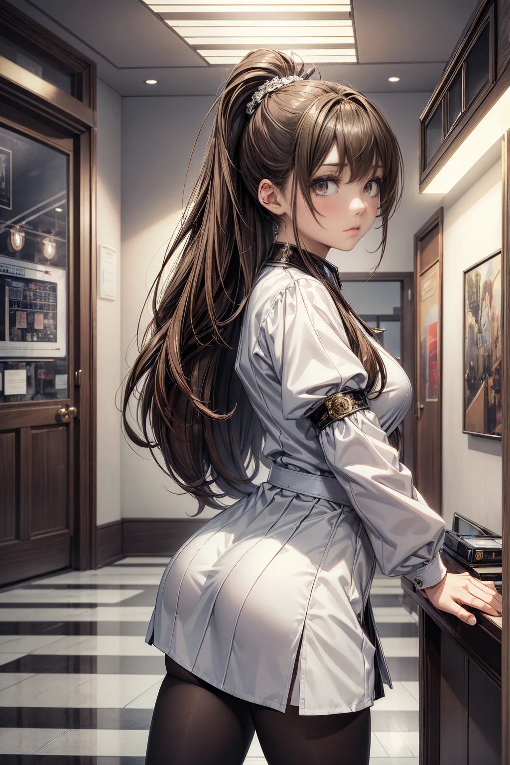 (masterpiece, Highest quality), Intricate details, 8k, Art Station, wallpaper, Official Art,  Sharp focus, One girl,Toned body、 Long Hair,ponytail,  Brown Hair, , office lady,White patent leather shirt、Black enamel tight skirt、tights、 printing, Hanging eyes、Cold Eyes , Muddy eyes、skyscraper, city, building, car, street,