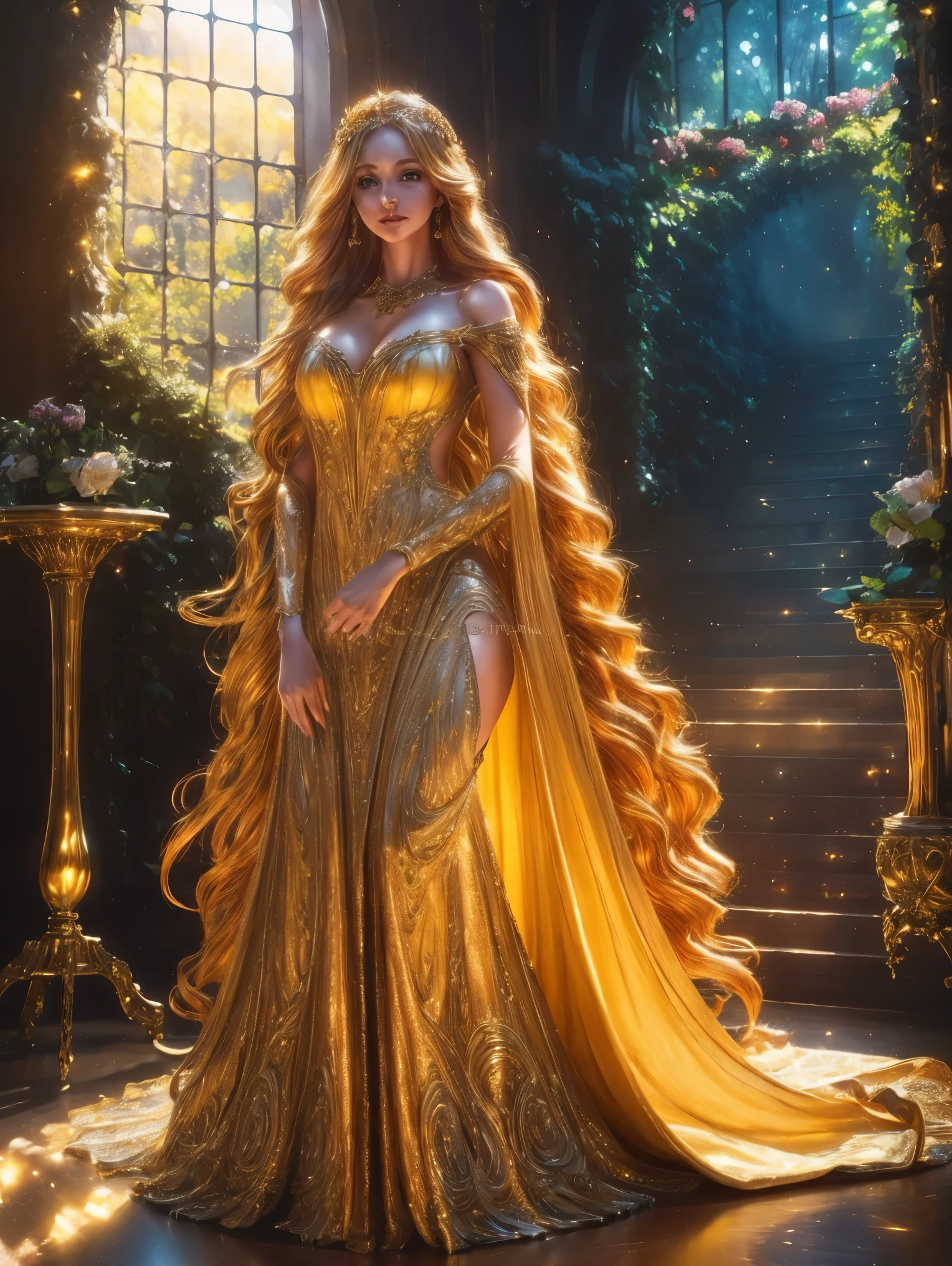 uma linda princesa, vestido dourado longo, longos cabelos dourados, sapatos dourados, Altamente detalhado, 8K, fotorrealista, detalhes intrincados, elegante, radiant, brilhante, iluminação quente, iluminação natural, iluminação de estúdio, ambiente exuberante, fundo detalhado, paisagem de fantasia, composição cinematográfica, iluminação dramática, paleta de cores rica, cores vibrantes, hiper-detalhado, obra de arte, foto-real
