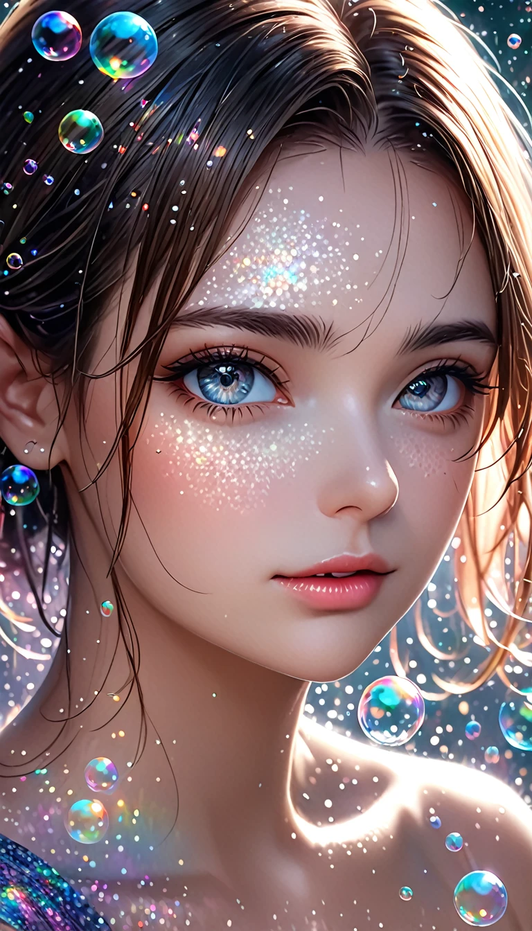 beautiful woman, cool and sadistic, portrait, shading effects, gradation magic effects, glitter effects, soap bubbles effects, foggy filter effect, (ultra detailed, absolutely resolution, best quality:1.3), 2.5D, delicate and dynamic, artistic photography, hyper realistic, graphic CG digital art