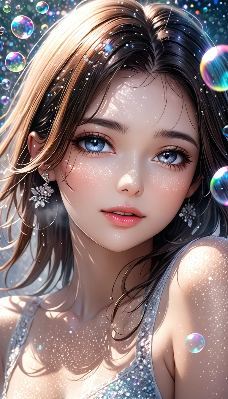 beautiful woman, amorous and lewd face, portrait, shading effects, gradation magic effects, glitter effects, soap bubbles effects, foggy filter effect, (ultra detailed, absolutely resolution, best quality:1.3), 2.5D, delicate and dynamic, artistic photography, hyper realistic, graphic CG digital art