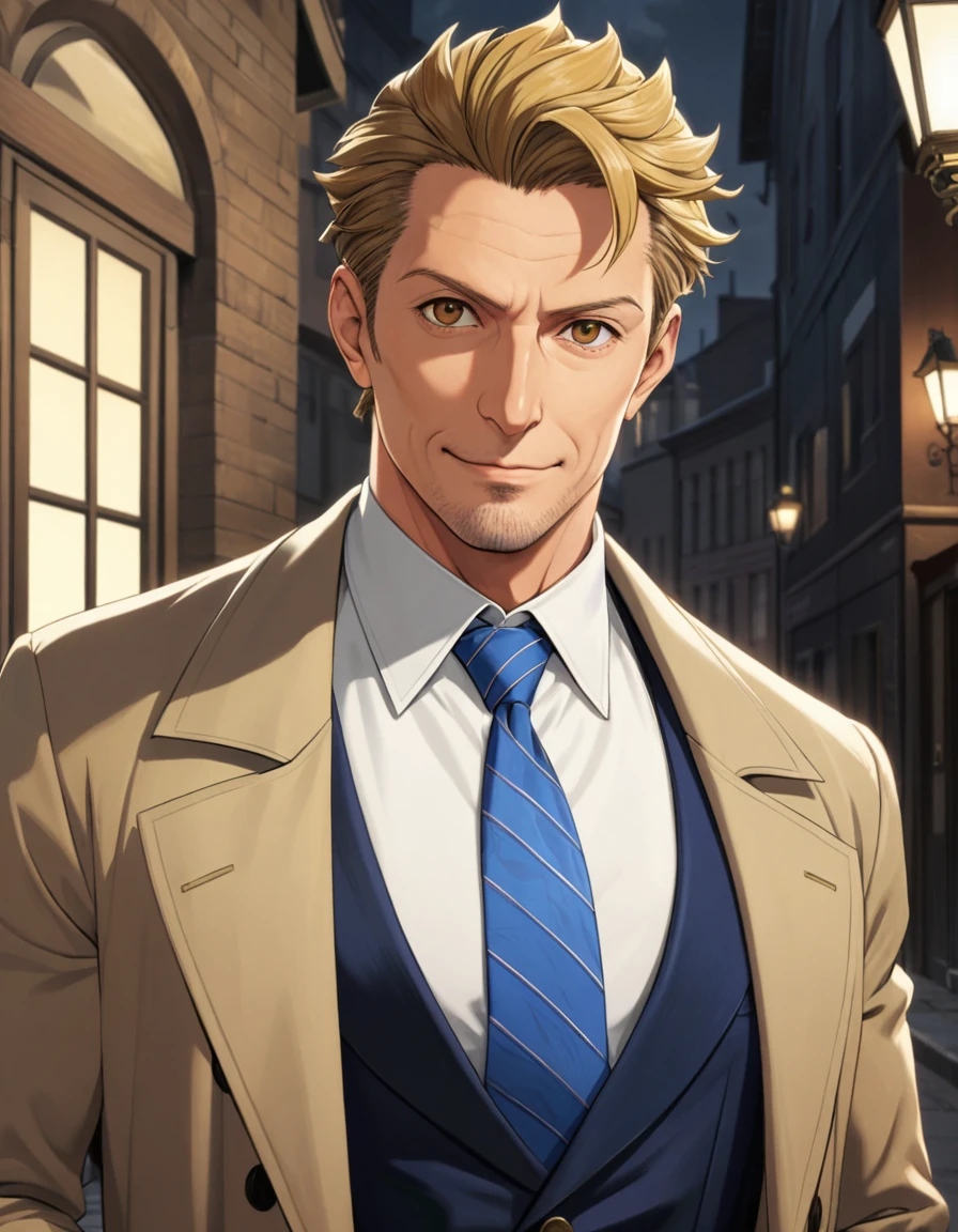 1man, veteran mature detective, muscular, boned nose, wavy slicked back spiked hair, yellow_brown hair, BREAK shihaku, brown eyes, dandy, virile, stubble, square shaped, large eyes, ugly, rough skin, facial wrinkles, ideal ratio body proportions, ordinaly, cute uncle, beautiful detailed eyes, broad waist, 40yo dude, BREAK solo, upperlegs, white collared shirt, blue necktie, trench coat, dark worn-out suit, cute smile, standing, BREAK dandy posing, in eroge style, 2000s, cinematic concept art, masterpiece, best quality, BREAK score_9, score_8_up, score_7_up, source_anime, score_6_up, score_5_up, score_4_up