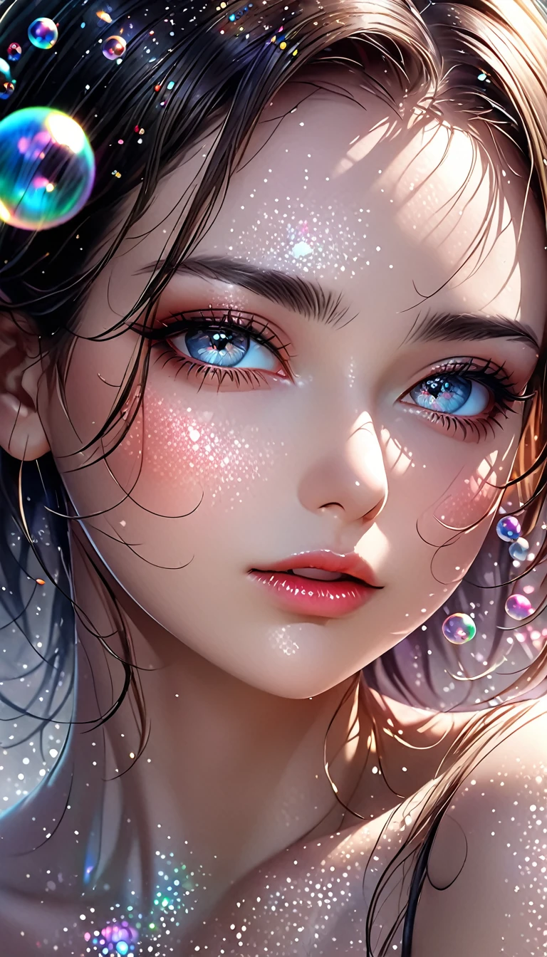 beautiful woman, cool and sadistic, amorous and lewd face, make-up, portrait, shading effects, gradation magic effects, glitter effects, soap bubbles effects, foggy filter effect, (ultra detailed, absolutely resolution, best quality:1.3), 2.5D, delicate and dynamic, artistic photography, hyper realistic, graphic CG digital art