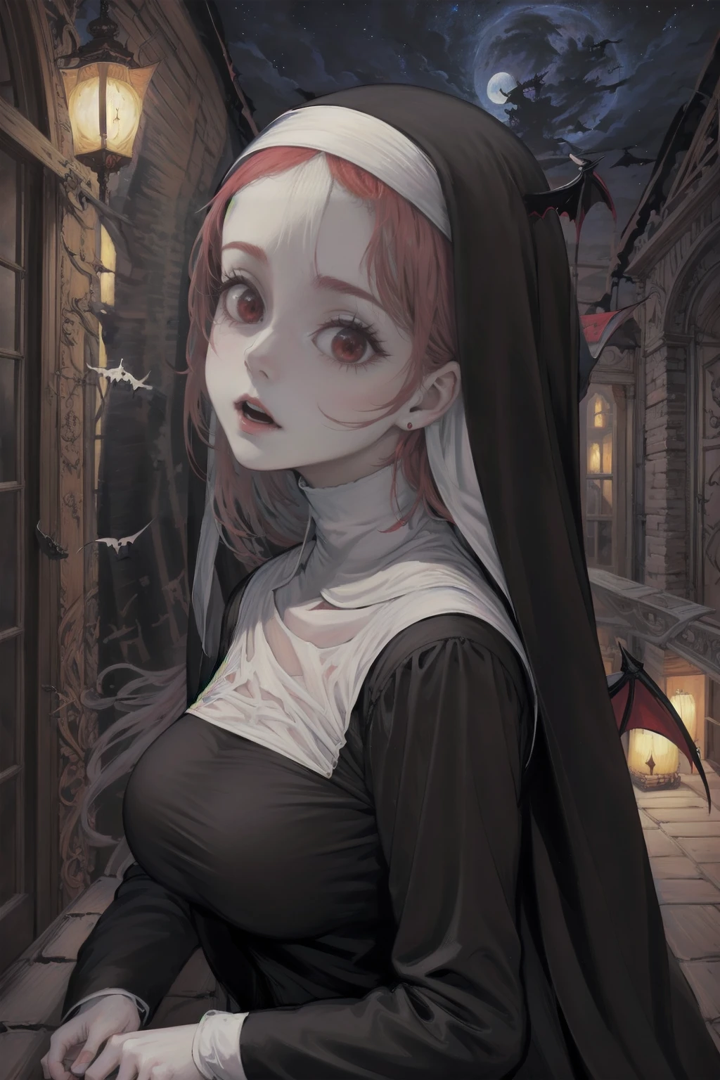 Photos of very beautiful women (Nuns: 1.3) (vampire: 1.5) Standing under the stars at the monastery&#39;s entrance, whole body, Dynamic Angle (Super detailed, masterpiece, Highest quality), Super detailed face (Super detailed, masterpiece, Highest quality), Ultra-feminine, (Pale skin: 1.3), Redhead, Wavy Hair, Dynamic eye color, Cold Eyes, Glowing Eyes, Strong Eyes, dark red lips, [tooth], wearing white Nuns habit (Super detailed, masterpiece, Highest quality), Wearing a blue cloak (Super detailed, masterpiece, Highest quality), Long Cape, Flowing Cape (Super detailed, masterpiece, Highest quality), Wearing high-heeled boots, Star-filled sky background, moon, Bats flying around, Attention to detail, Highest quality, 8k, [Super detailed], masterpiece, Highest quality, (Super detailed), whole body, Ultra Wide Shot, Photorealism, Dark Fantasy Art, Dark Fantasy Art, Gothic art, Many Stars, Dark Fantasy Art, Gothic art, Horror, Blood Magic