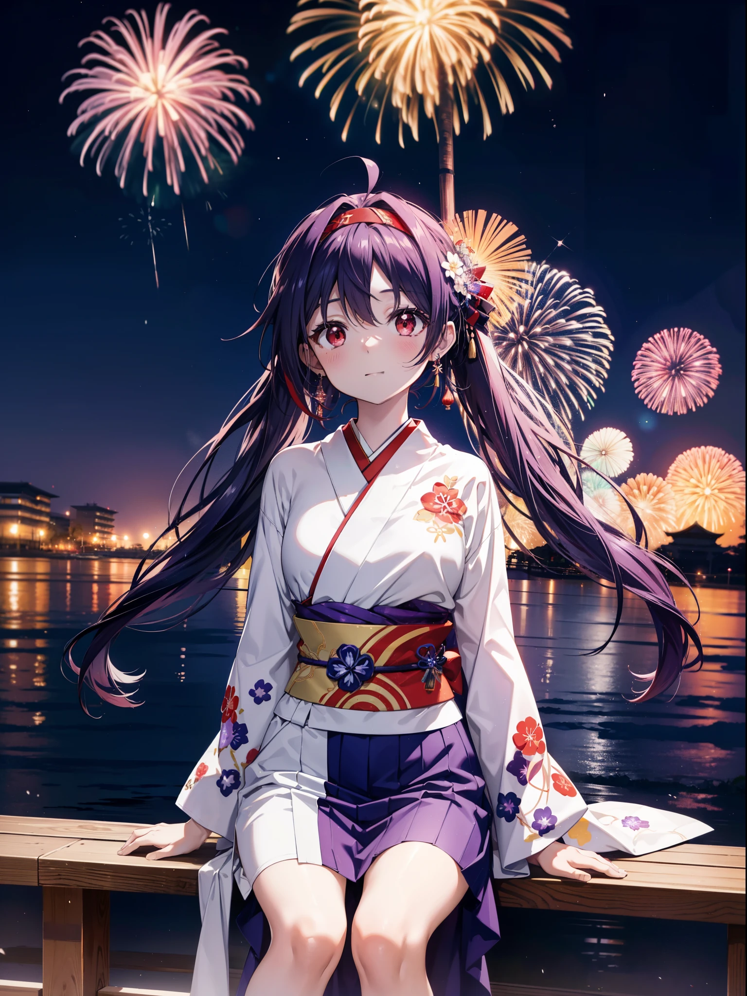 yuukikonno, Yuuki Konno, hair band, Long Hair, Pointed Ears, Purple Hair, Ahoge,(Red eyes:1.5), (Small breasts:1.2),low twin tail,smile,blush,Open your mouth,Purple Kimono,Purple long skirt,Fireworks in the night sky,Fireworks,The place is a fireworks display,Time is night,sunny day,Sitting on a bench,Wind Chimes,whole bodyがイラストに入るよう,
break looking at viewer, , whole body, (Cowboy Shot:1. 5)
break indoors, Veranda,Japanese garden,
break (masterpiece:1.2), Highest quality, High resolution, unity 8k wallpaper, (figure:0.8), (Beautiful attention to detail:1.6), Highly detailed face, Perfect lighting, Highly detailed CG, (Perfect hands, Perfect Anatomy),