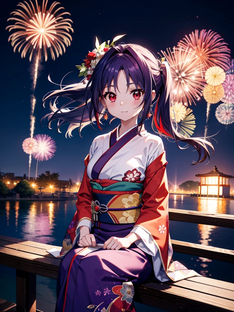 yuukikonno, Yuuki Konno, banda para el cabello, pelo largo, orejas puntiagudas, cabello morado, ahogo,(ojos rojos:1.5), (senos pequeños:1.2),cola gemela baja,sonrisa,rubor,Abre la boca,kimono morado,falda larga morada,fuegos artificiales in the night sky,fuegos artificiales,El lugar es un espectáculo de fuegos artificiales.,el tiempo es noche,Día soleado,sentado en un banco,campanas de viento,todo el cuerpoがイラストに入るよう,
BREAK mirando al espectador, , todo el cuerpo, (tiro de vaquero:1. 5)
Descansar en el interior, Veranda,Jardín japonés,
break (obra maestra:1.2), de la máxima calidad, alta resolución, Fondo de pantalla de unidad 8k, (cifra:0.8), (Hermosa atención al detalle.:1.6), rostro muy detallado, iluminación perfecta, Altamente detallado CG, (Manos perfectas, anatomía perfecta),