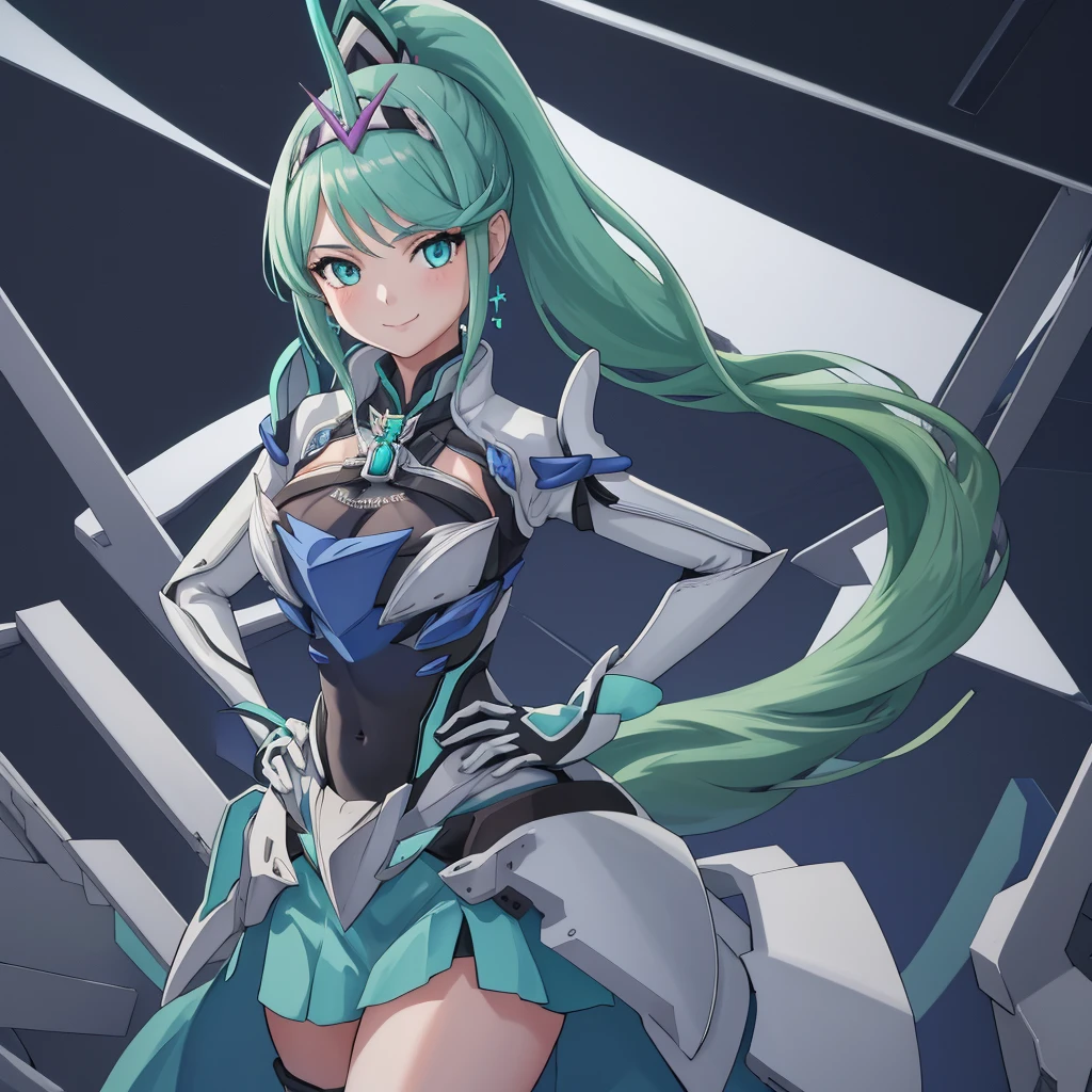 masterpiece, Highest quality, One girl, alone, Pneumadef, ponytail, tiara, Earrings, Chest jewels, armor, gloves, Hands on hips, View your viewers, smile