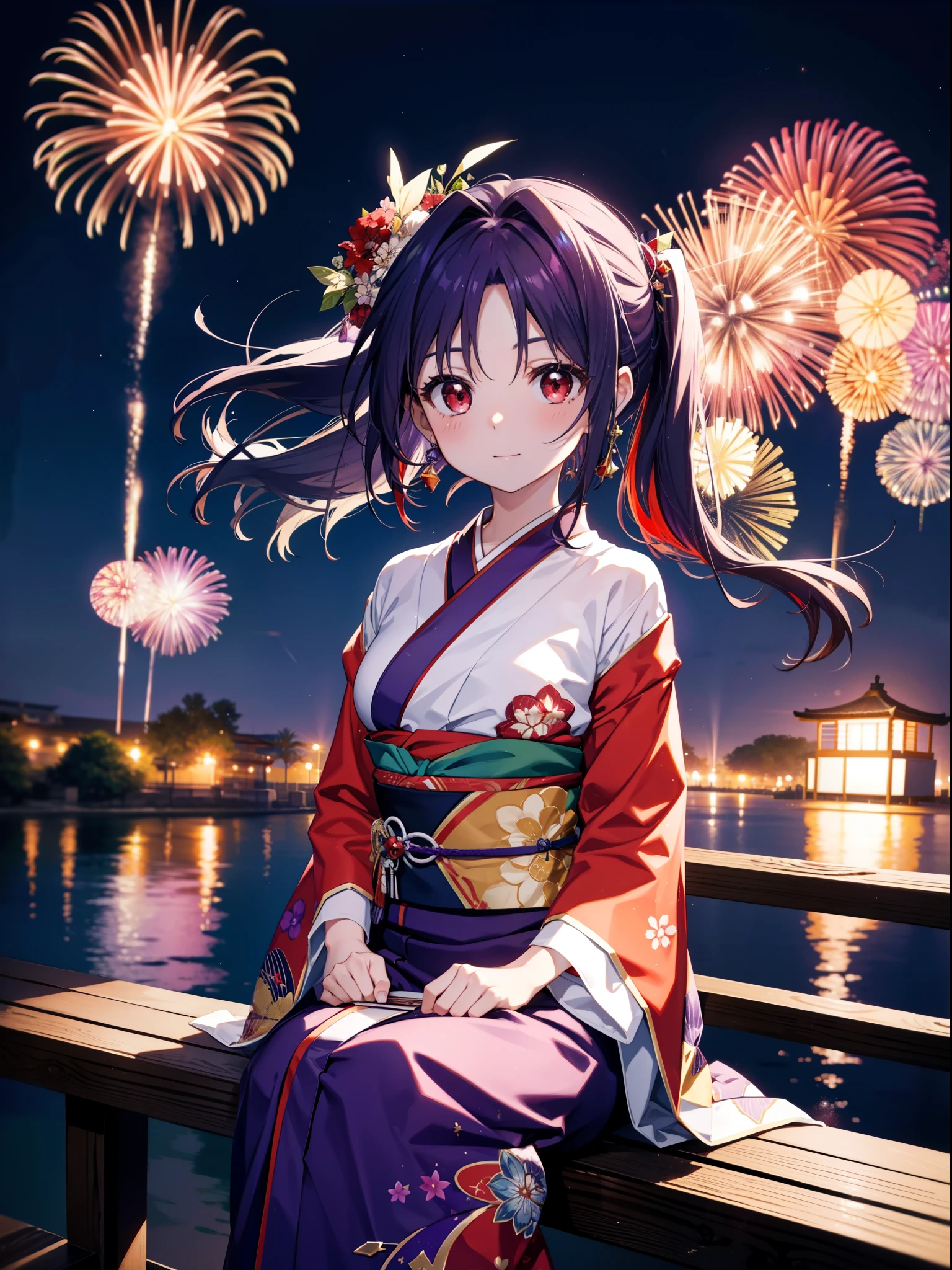 yuukikonno, Yuuki Konno, hair band, Long Hair, Pointed Ears, Purple Hair, Ahoge,(Red eyes:1.5), (Small breasts:1.2),low twin tail,smile,blush,Open your mouth,Purple Kimono,Purple long skirt,Fireworks in the night sky,Fireworks,The place is a fireworks display,Time is night,sunny day,Sitting on a bench,Wind Chimes,whole bodyがイラストに入るよう,
break looking at viewer, , whole body, (Cowboy Shot:1. 5)
break indoors, Veranda,Japanese garden,
break (masterpiece:1.2), Highest quality, High resolution, unity 8k wallpaper, (figure:0.8), (Beautiful attention to detail:1.6), Highly detailed face, Perfect lighting, Highly detailed CG, (Perfect hands, Perfect Anatomy),