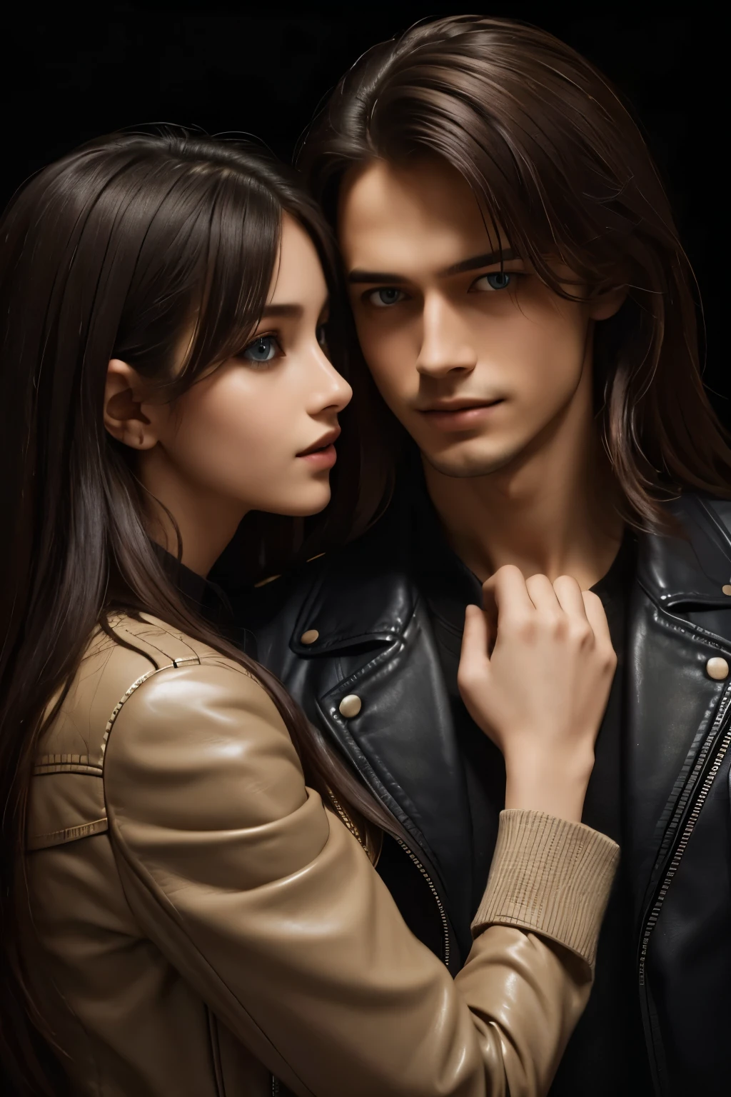 Masterpiece, Superb Clothing, (Illustration), ((2 People)), ((Handsome Young Couple Kissing and Hugging),  Fashion, Leather Jacket, (Long Hair), (Happy), (White Skin), (Dark Circles), Handsome, , Toast, Trend, Dark Grayboy's short hair and blue eyes,, Close Up, (Grand Background), (Chiaroscuro)), Fine Face Details, Facial Details, Cinematic Lighting, (Depth of Field), UHD, (Upper Body), Black Background