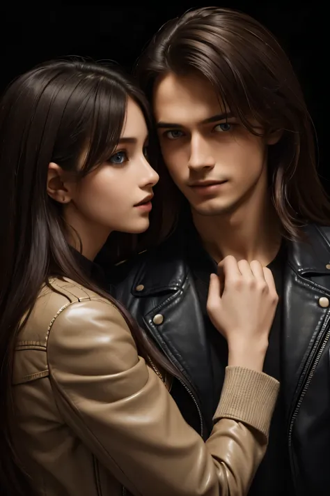 Masterpiece, Superb Clothing, (Illustration), ((2 People)), ((Handsome Young Couple Kissing and Hugging),  Fashion, Leather Jacket, (Long Hair), (Happy), (White Skin), (Dark Circles), Handsome, , Toast, Trend, Dark Grayboy's short hair and blue eyes,, Close Up, (Grand Background), (Chiaroscuro)), Fine Face Details, Facial Details, Cinematic Lighting, (Depth of Field), UHD, (Upper Body), Black Background