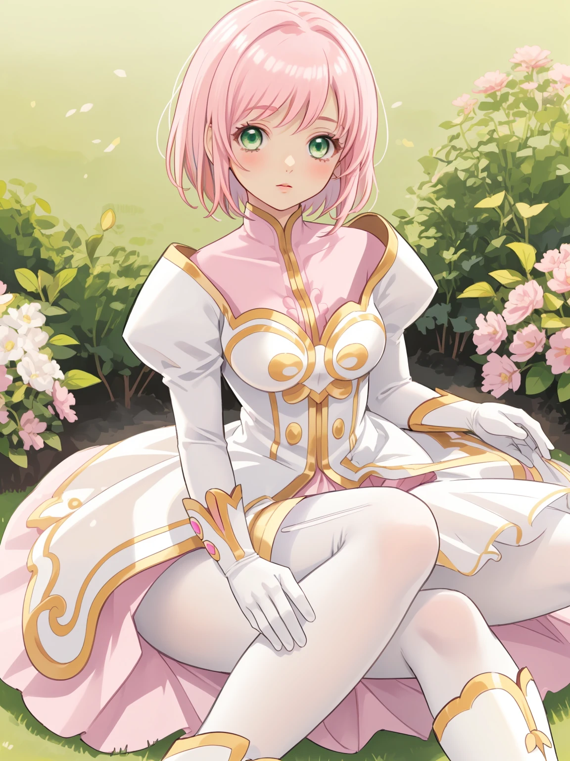 masterpiece, Highest quality, alone, One Girl,Estellise Sidos Heurassein, Pink Hair, short hair, Green Eyes, Small breasts, White and pink dress, Glamorous Dress, Pink collar, Pink Skirt, White boots, White gloves, (Black Pantyhose, Black legwear:1.1)whole body, Little:5, cute, (Beautifully detailed face), (Beautiful attention to detail), (Beautiful detailed hair)