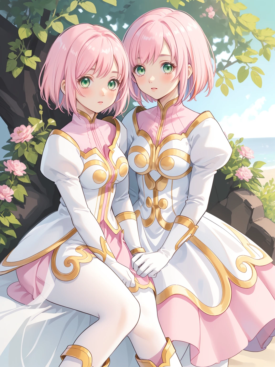 masterpiece, Highest quality, alone, One Girl,Estellise Sidos Heurassein, Pink Hair, short hair, Green Eyes, Small breasts, White and pink dress, Glamorous Dress, Pink collar, Pink Skirt, White boots, White gloves, (Black Pantyhose, Black legwear:1.1)whole body, Little:5, cute, (Beautifully detailed face), (Beautiful attention to detail), (Beautiful detailed hair)