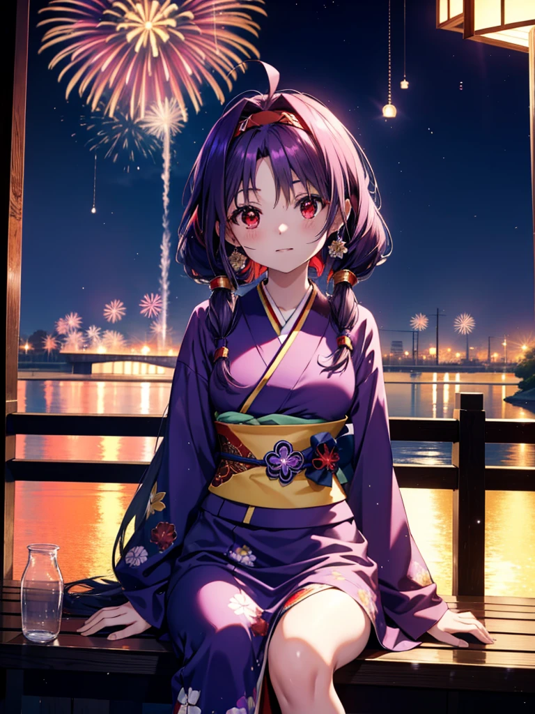 yuukikonno, Yuuki Konno, hair band, Long Hair, Pointed Ears, Purple Hair, Ahoge,(Red eyes:1.5), (Small breasts:1.2),low twin tail,smile,blush,Open your mouth,Purple Kimono,Purple long skirt,Fireworks in the night sky,Fireworks,The place is a fireworks display,Time is night,sunny day,Sitting on a bench,Wind Chimes,whole bodyがイラストに入るよう,
break looking at viewer, , whole body, (Cowboy Shot:1. 5)
break indoors, Veranda,Japanese garden,
break (masterpiece:1.2), Highest quality, High resolution, unity 8k wallpaper, (figure:0.8), (Beautiful attention to detail:1.6), Highly detailed face, Perfect lighting, Highly detailed CG, (Perfect hands, Perfect Anatomy),