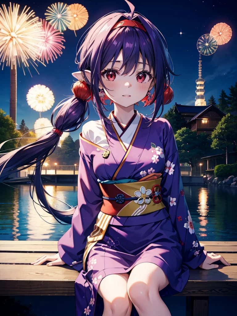 yuukikonno, Yuuki Konno, hair band, Long Hair, Pointed Ears, Purple Hair, Ahoge,(Red eyes:1.5), (Small breasts:1.2),low twin tail,smile,blush,Open your mouth,Purple Kimono,Purple long skirt,Fireworks in the night sky,Fireworks,The place is a fireworks display,Time is night,sunny day,Sitting on a bench,Wind Chimes,whole bodyがイラストに入るよう,
break looking at viewer, , whole body, (Cowboy Shot:1. 5)
break indoors, Veranda,Japanese garden,
break (masterpiece:1.2), Highest quality, High resolution, unity 8k wallpaper, (figure:0.8), (Beautiful attention to detail:1.6), Highly detailed face, Perfect lighting, Highly detailed CG, (Perfect hands, Perfect Anatomy),